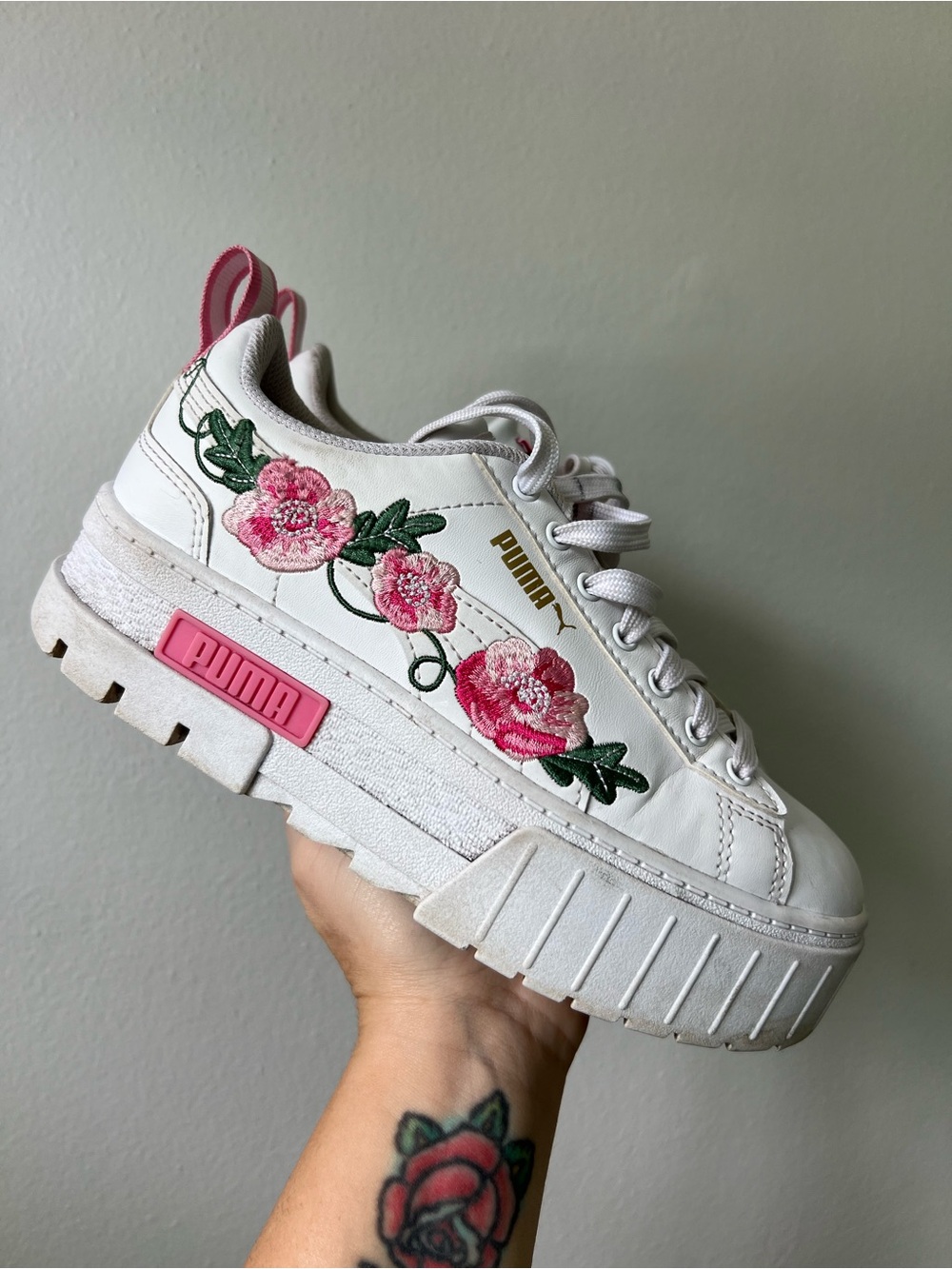 Puma White Platform Sneakers with Pink Floral Embroidery